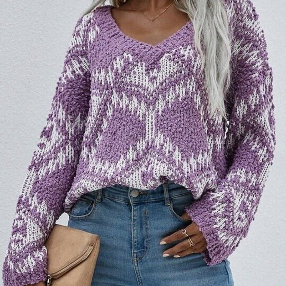 Anna-Kaci v-neck sweater Lavender/White Small  Fall Winter spring Pullover # 380